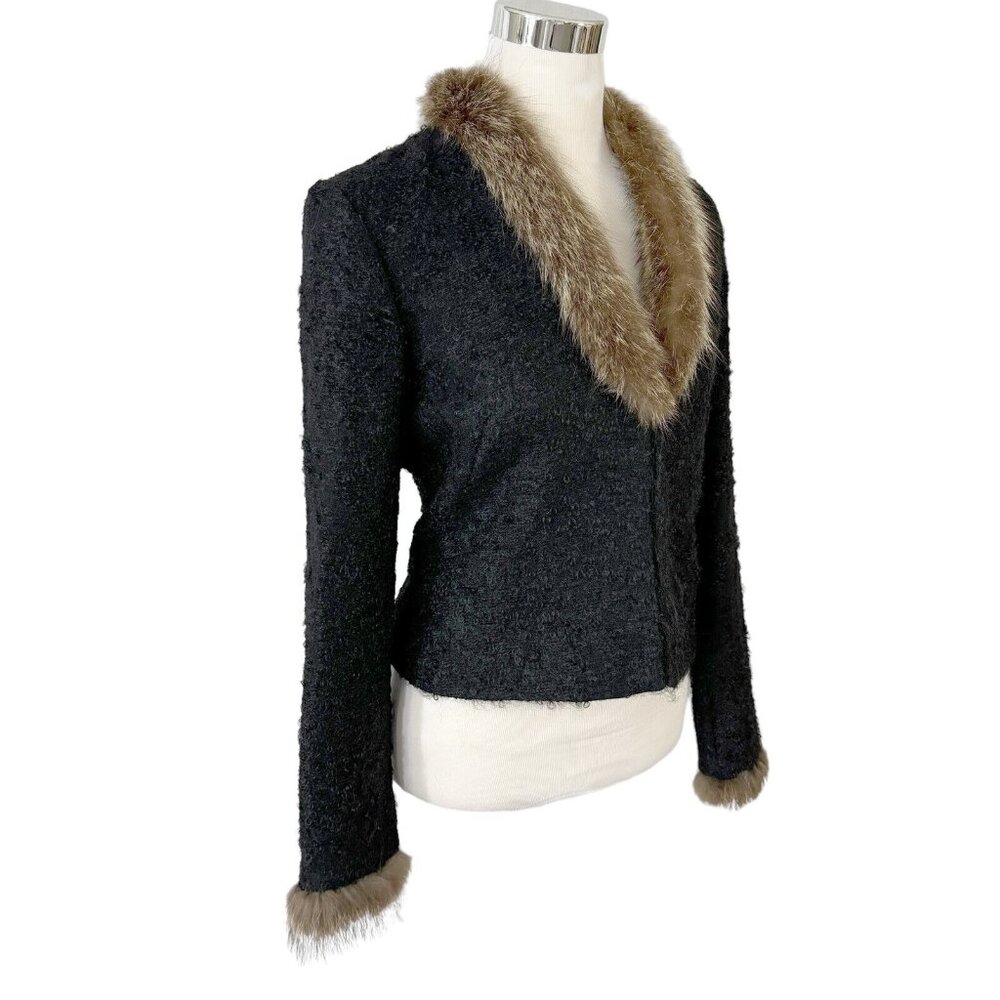Walter Black Boucle Wool Sweater Jacket Rabbit Fur Trim Size 10 Made in Ukraine